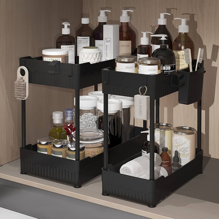 2 Pack Under Sink Organizer, Under Bathroom Cabinet Organizer with Hooks Hanging Cup, Multi-Purpo... | Amazon (US)