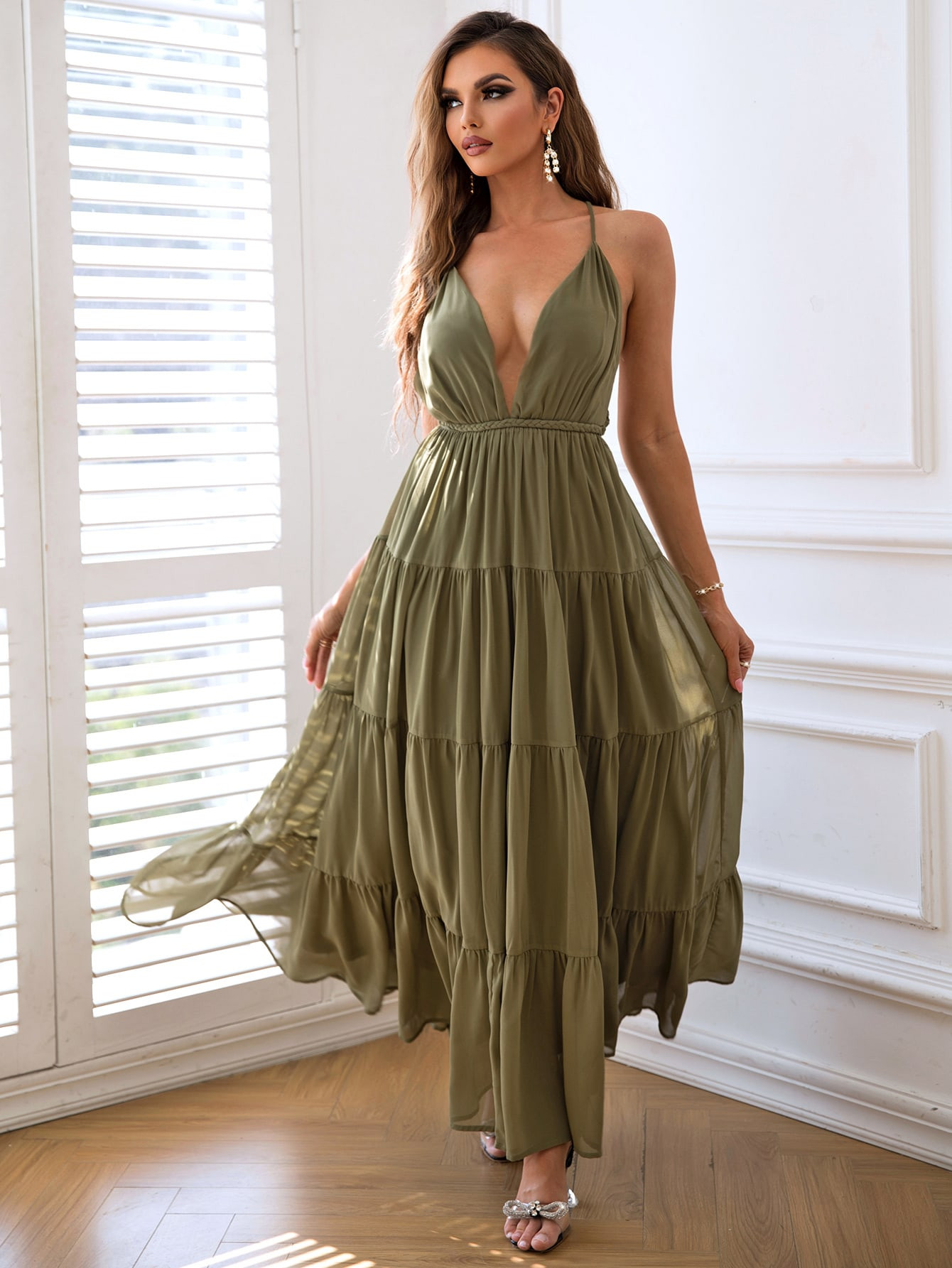 Joyfunear Crisscross Backless Knot Ruffle Hem Cami Dress | SHEIN