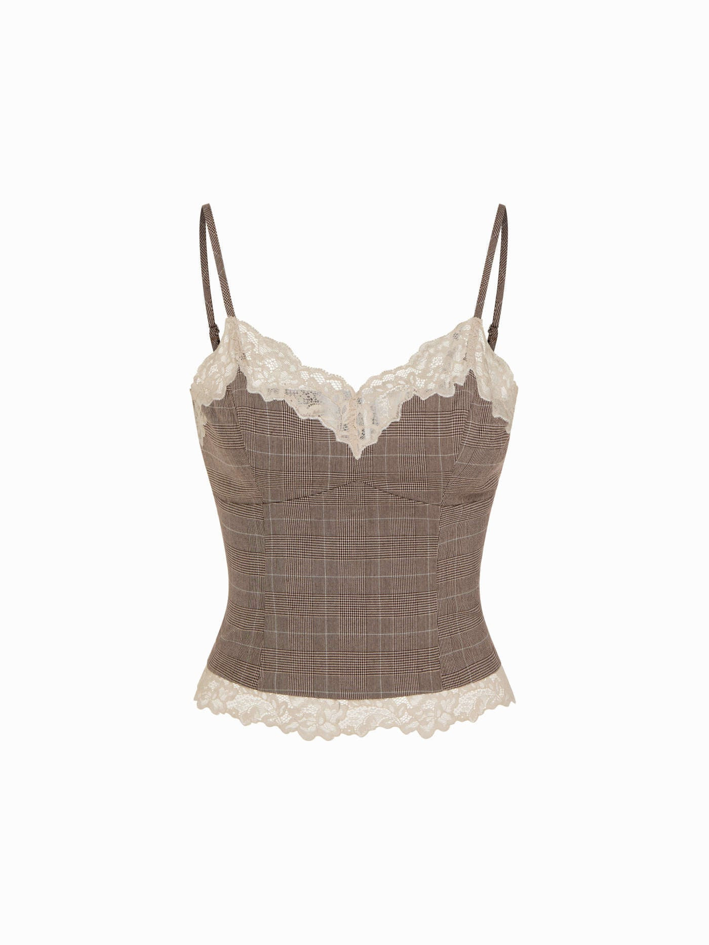 Plaid Sweetheart Neck Lace Trim Slim Cami Blouse | Cider