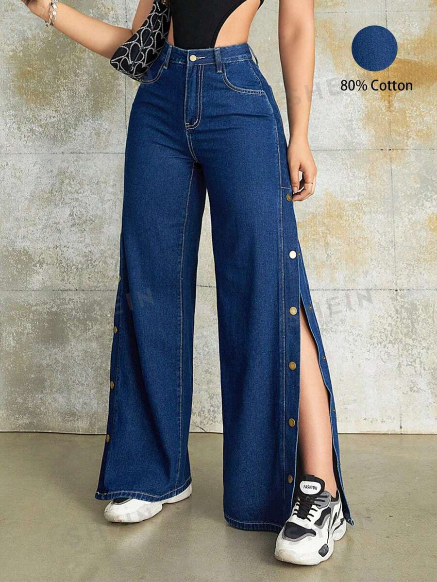 Rave Y2K Street High Waist Metal Buckle Side Slant Pocket Wide Leg Jeans Daily Comfort Denim Trou... | SHEIN