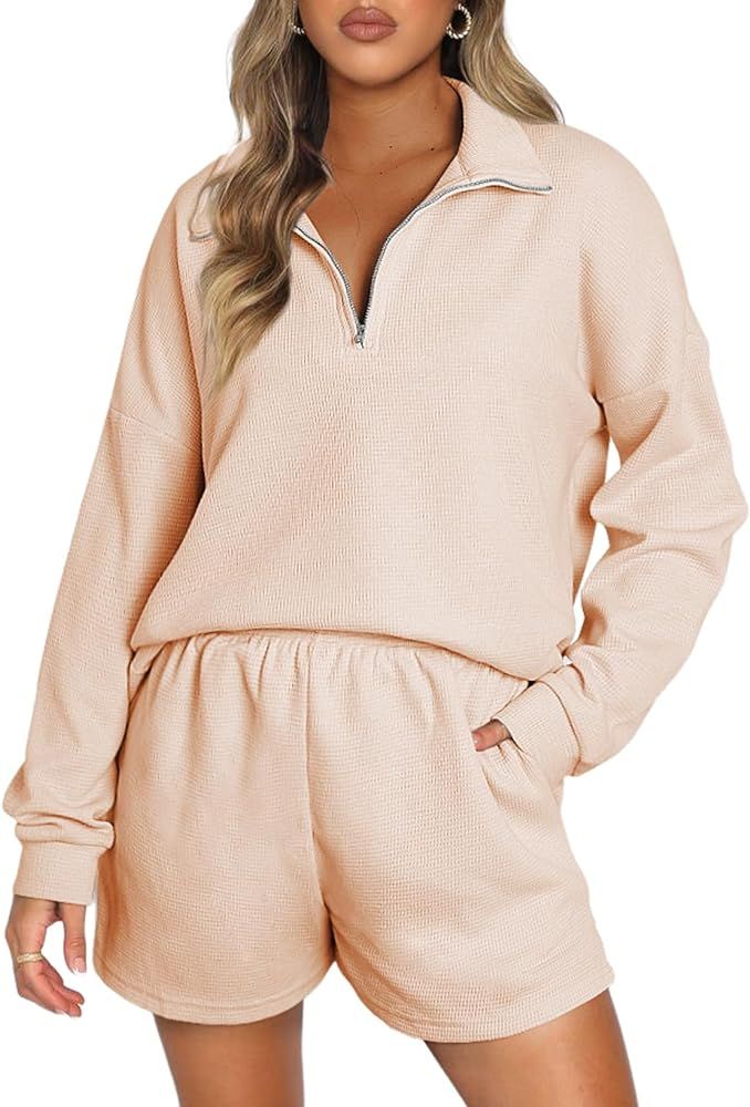 Aleumdr Women's 2 Piece Outfits Zipper Waffle Knit Lounge Sets 2024 Fashion Long Sleeve Shorts Ma... | Amazon (US)