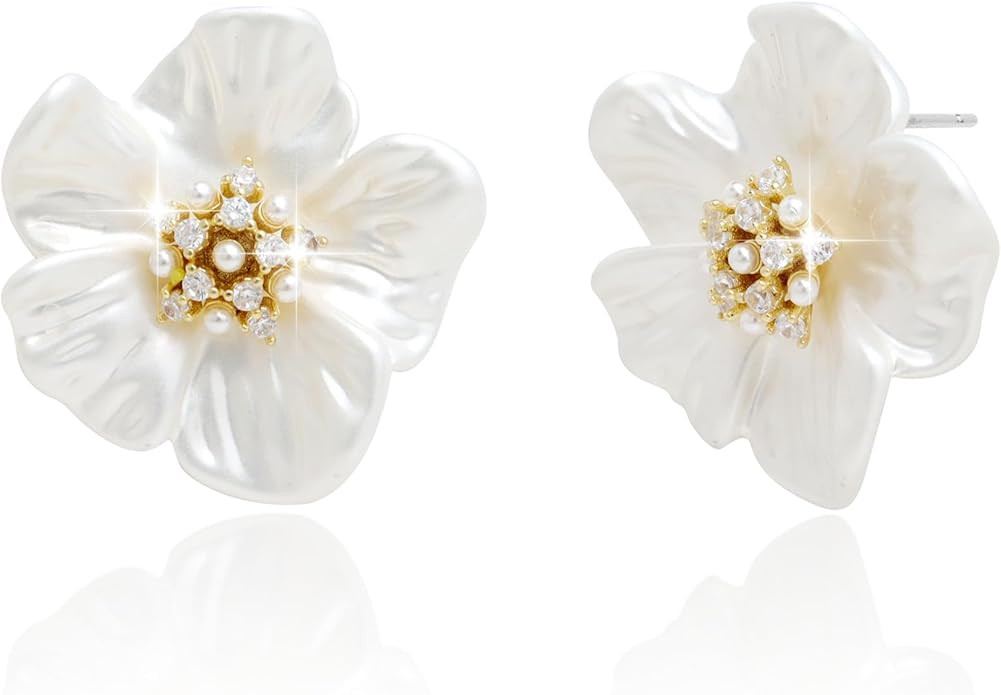Sonateomber Chunky Flower Pearl Stud Earrings for Women, Large Statement 14K Gold Plated Floral C... | Amazon (US)