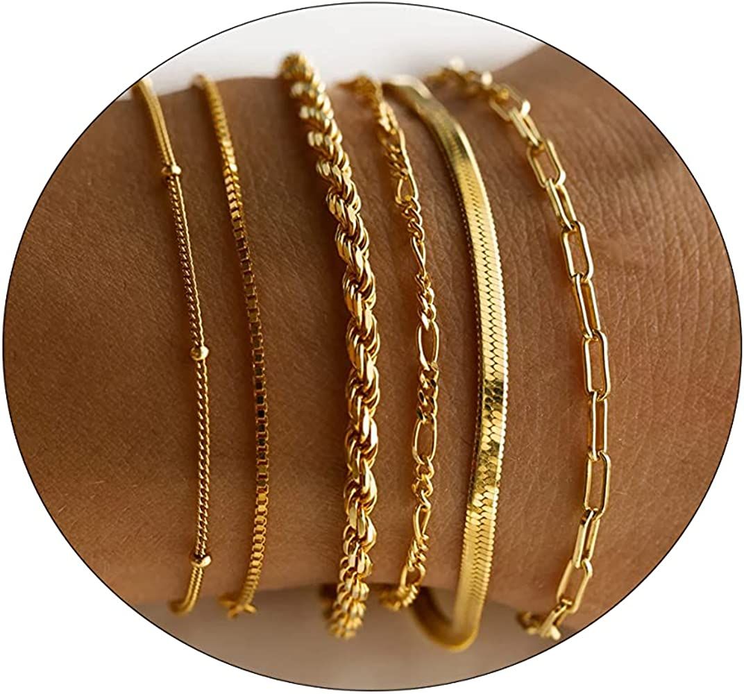 LEXODY Gold Bracelets for Women 14K Gold Herringbone Bracelets Sets Dainty Herringbone Jewelry St... | Amazon (US)
