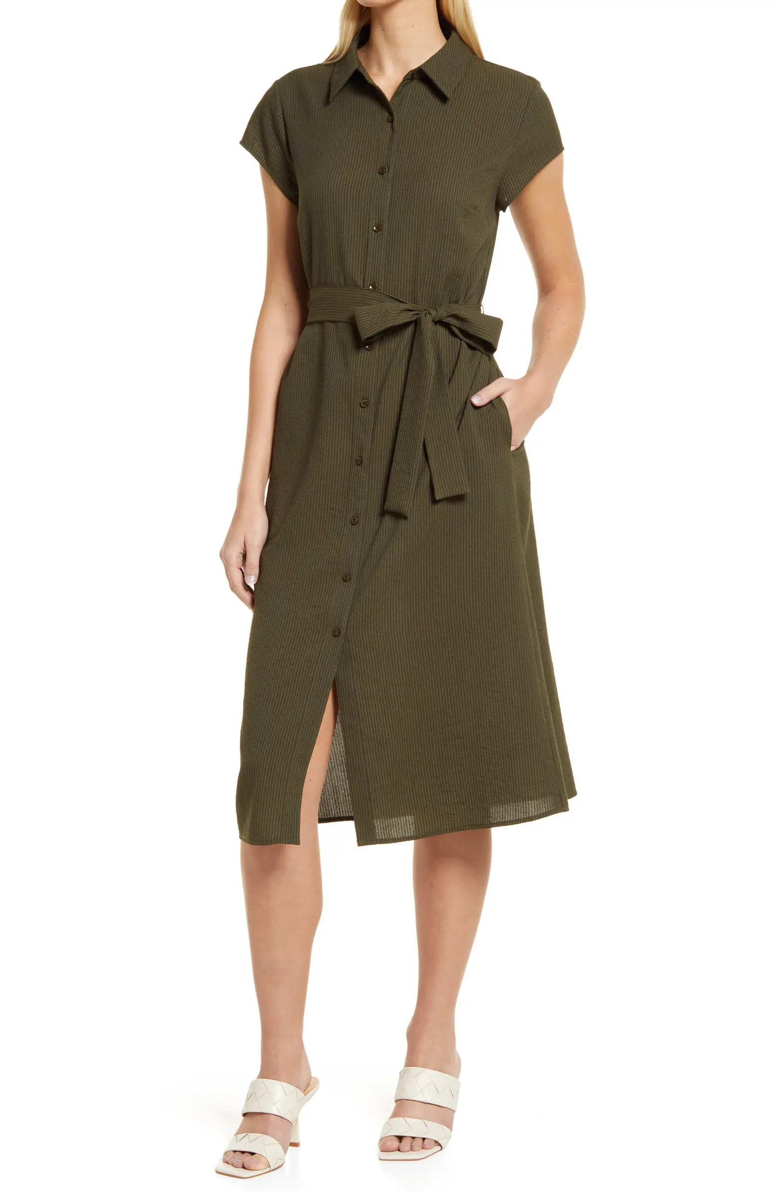 Textured Tie Waist Shirtdress | Nordstrom