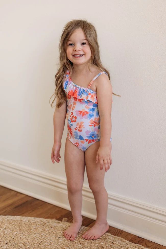 Miami Beach Girls Multi Floral One Shoulder Ruffle Swimsuit | Pink Lily