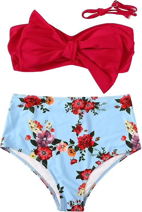SweatyRocks Women's Swimwear Set Bow Bikini Top Floral High Waisted Swimsuits | Amazon (US)
