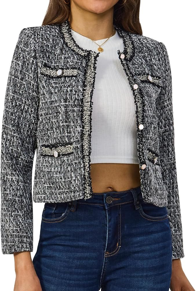 Xaspee Women's Tweed Blazers Cropped Long Sleeve Crewneck Open Front Lace Trim Lightweight Plaid ... | Amazon (US)