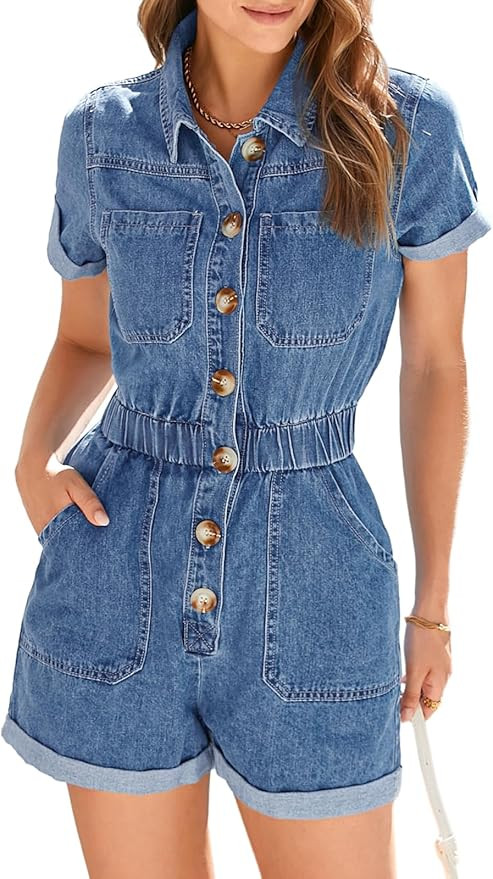 Cicy Bell Women's Short Sleeve Denim Rompers Cotton Utility Button Up Elastic Waist Short Jumpsui... | Amazon (US)