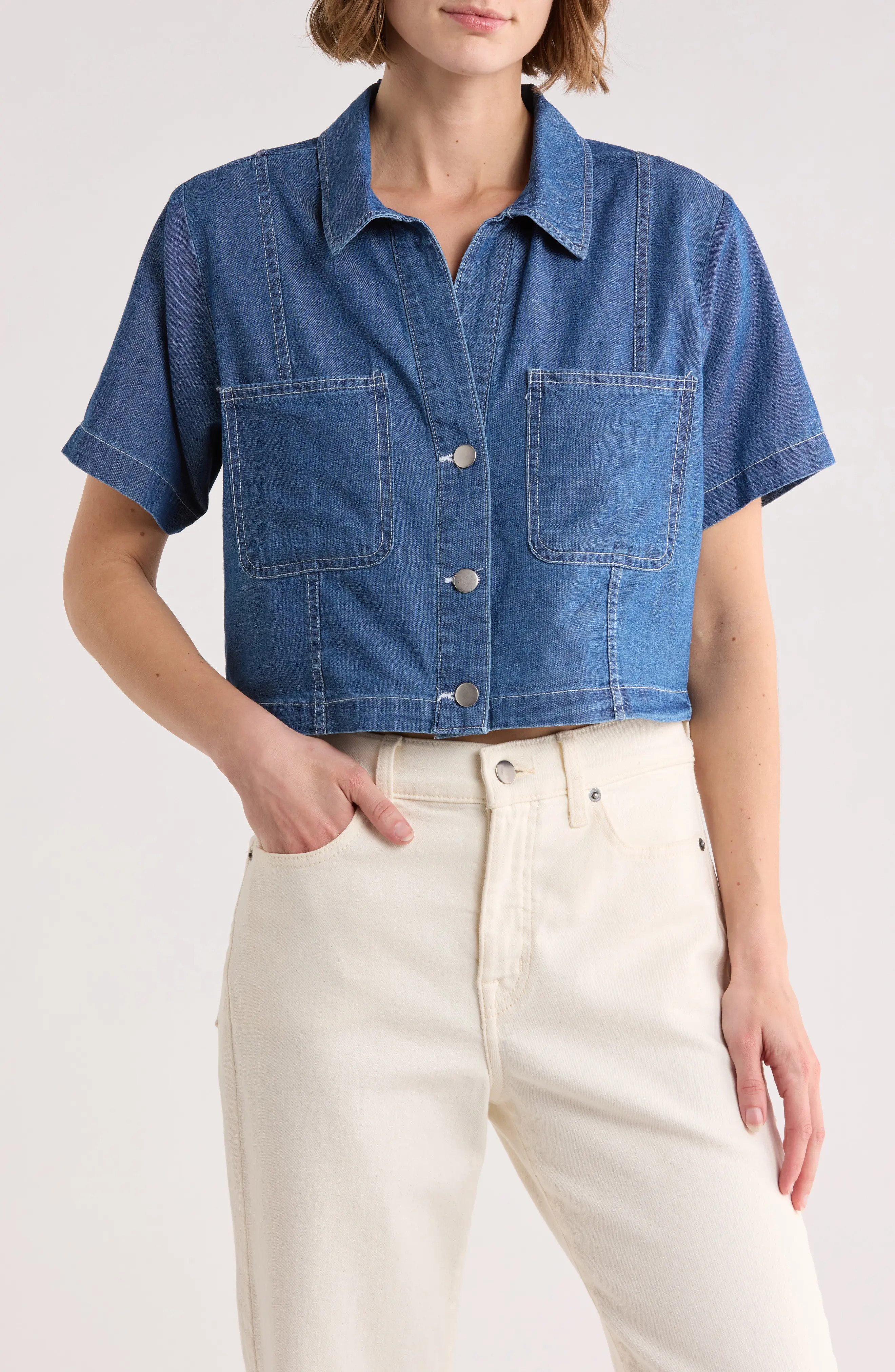 Blu Pepper Crop Denim Blouse in Dark Denim at Nordstrom Rack, Size Large | Nordstrom Rack