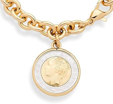 Miabella 18K Gold over Bronze Italian Genuine 500-Lira Coin Charm Rolo Link Chain Bracelet for Wo... | Amazon (US)