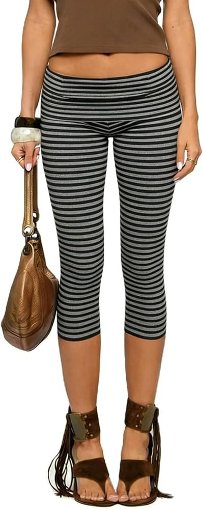 Women's Striped Fold Over Capri Leggings Y2K Low Rise Cropped Pants Lounge Yoga Stretch Tight Pan... | Amazon (US)