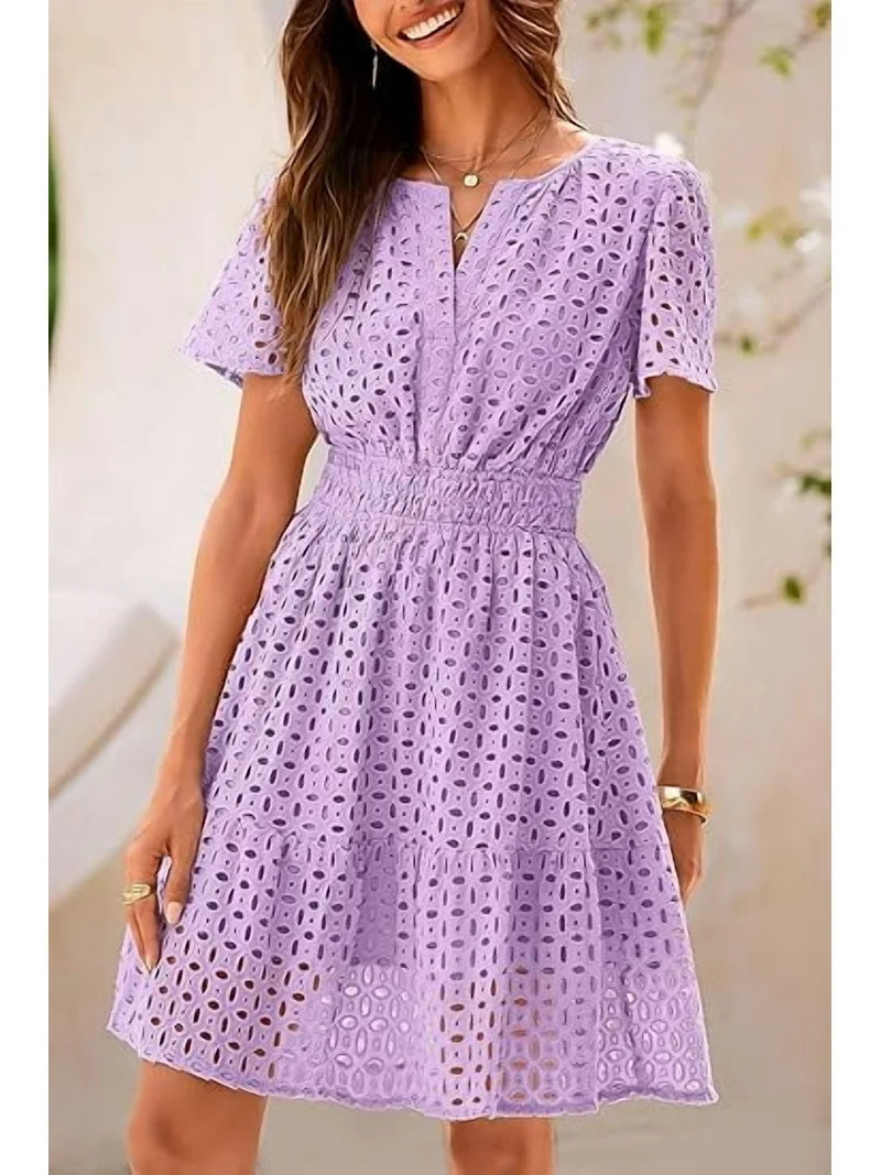 PRETTYGARDEN Womens Summer Short Dress V Neck Short Sleeve A Line Wear To Work Hollow Out Lace Ru... | Walmart (US)