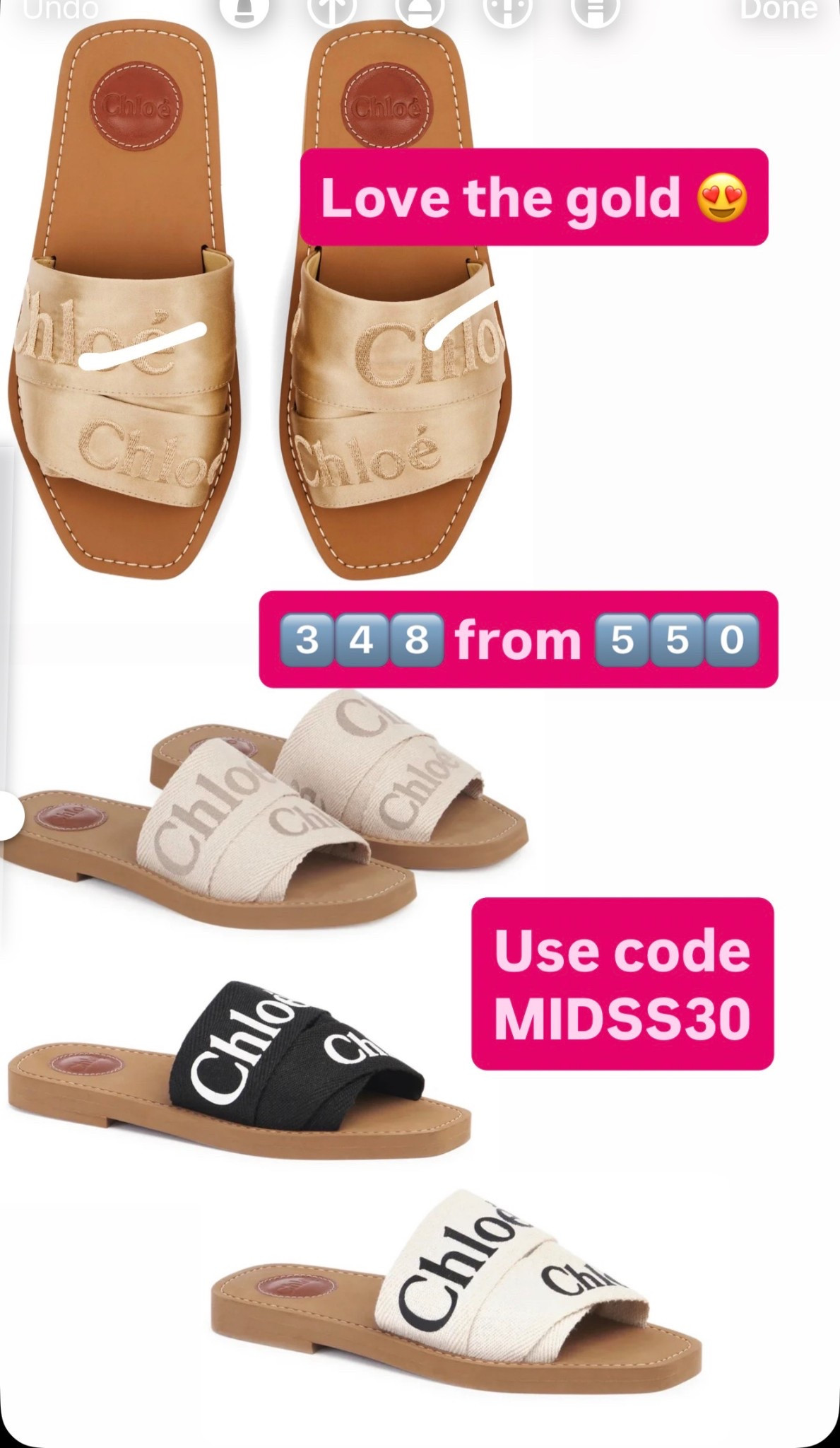Chloe woody slide sale use code
MIDSS30
Tax and duties included 

#LTKootd #LTKSaleAlert #LTKSeasonal
