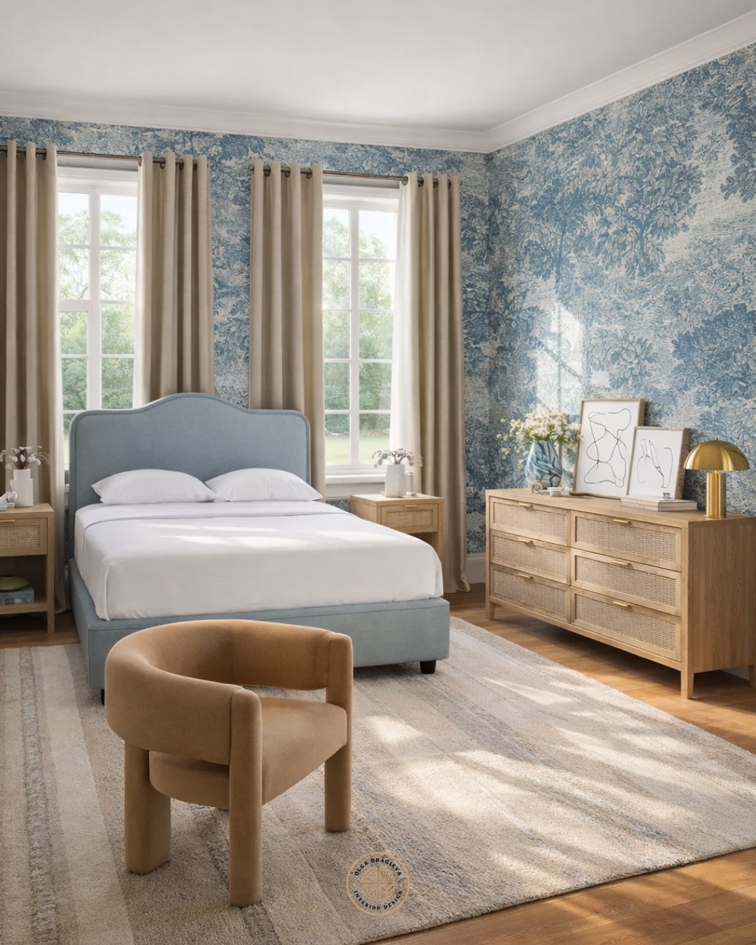Cosy master bedroom! Love the wallpaper @Wayfair and this scalloped upholstered bed. Velvet chair, neutral rug and velvet curtains. #bedroom #homedecor