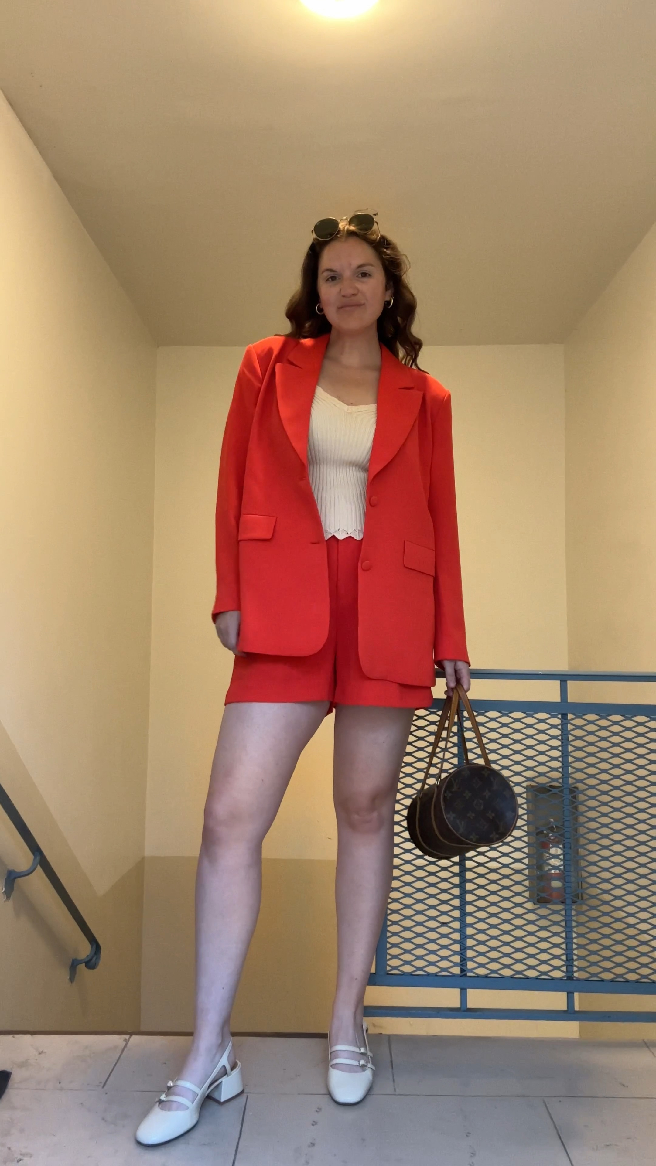 Good American Luxe Suiting Boyfriend Blazer, anthropologie, matching set, co-ord, work outfit, red / orange, Good American Luxe Suiting Trouser Shorts, PAIGE Buona Tank, tan / cream knit top, Louis Vuitton Papillon Handbag Monogram Canvas 30, designer bag, rayban round sunglasses, gold jewelry from Amazon (hoop earrings, rings), Sezane Paula babies, white kitten heel, white sandals, short heel, patent leather, short pumps, work shoe, office shoe, comfy shoes, fall / winter, spring / summer, neutral shoes

#LTKFindsUnder100 #LTKFindsUnder50 #LTKStyleTip