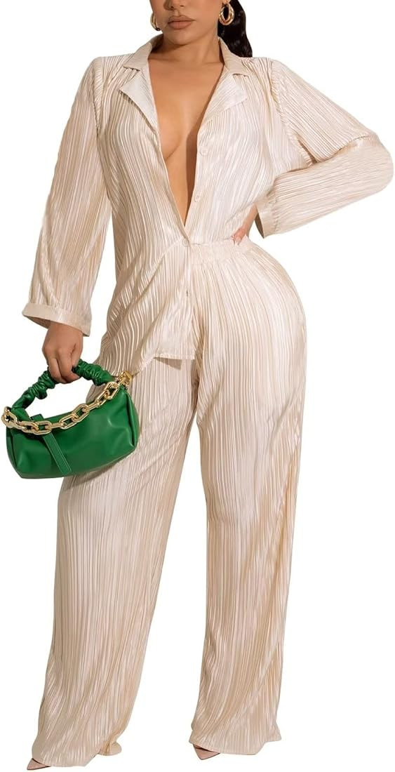 Ekaliy Women's 2 Piece Casual Pleated Outfits Short Sleeve Button Down Shirt High Waist Wide Leg ... | Amazon (US)