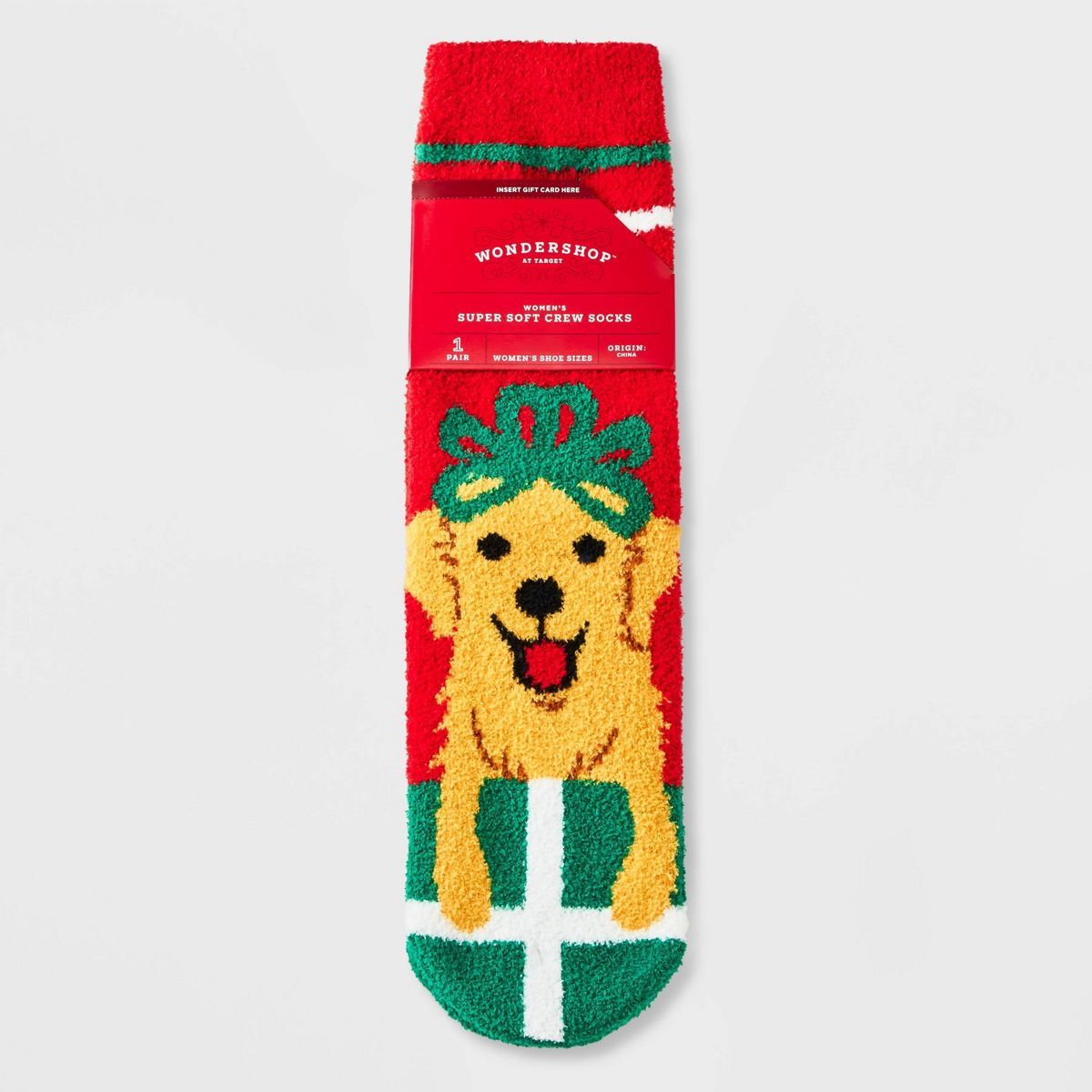 Women's Holiday Golden Retriever Cozy Crew Socks with Gift Card Holder - Wondershop™ Red/Green ... | Target