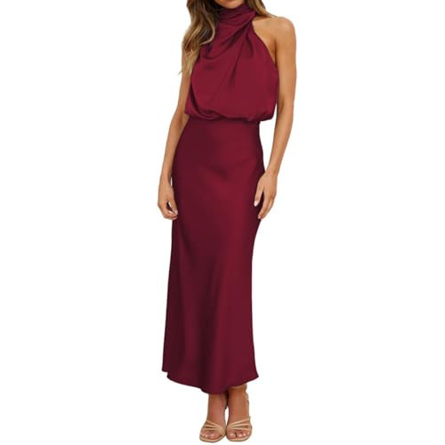 IDOPIP Women Elegant Satin Dress Sleeveless Halter Prom Party Gown Cocktail Bridesmaid Wedding Guest Outfit Mock Neck Formal Homecoming Dress Summer Casual Evening Night Out Maxi Dress Wine S | Amazon (US)