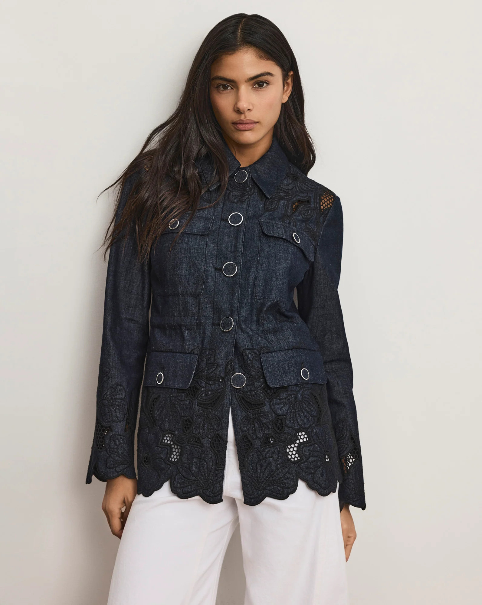 Kiki Eyelet Jacket in Indigo Rinse Dark Wash Denim | Veronica Beard | Veronica Beard