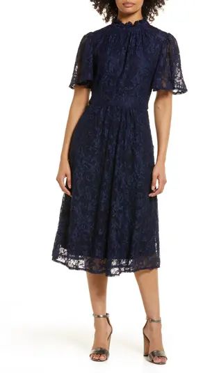 Flutter Sleeve Lace Mock Neck Midi Dress | Nordstrom