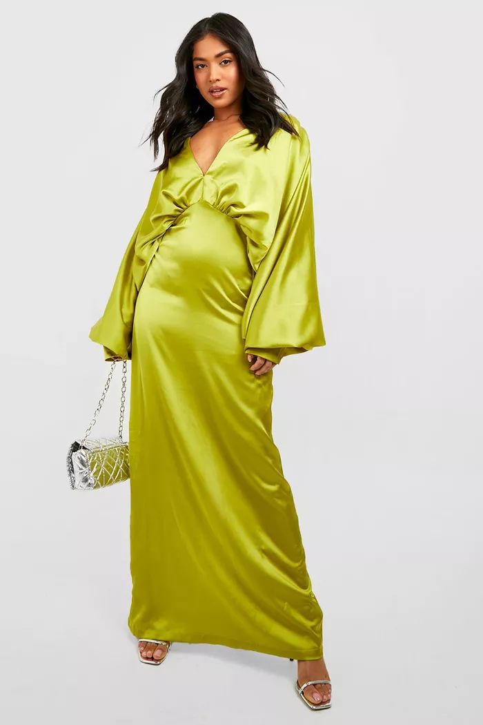 Petite Satin Plunge Blouson Sleeve Maxi Dress | boohoo (US & Canada)