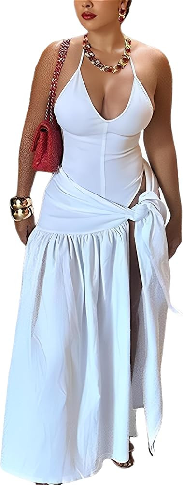 Womens Summer 2 Piece Maxi Skirt Sets Sexy Halter V Neck Backless Thong Bodysuits Wrap Beach Cove... | Amazon (US)
