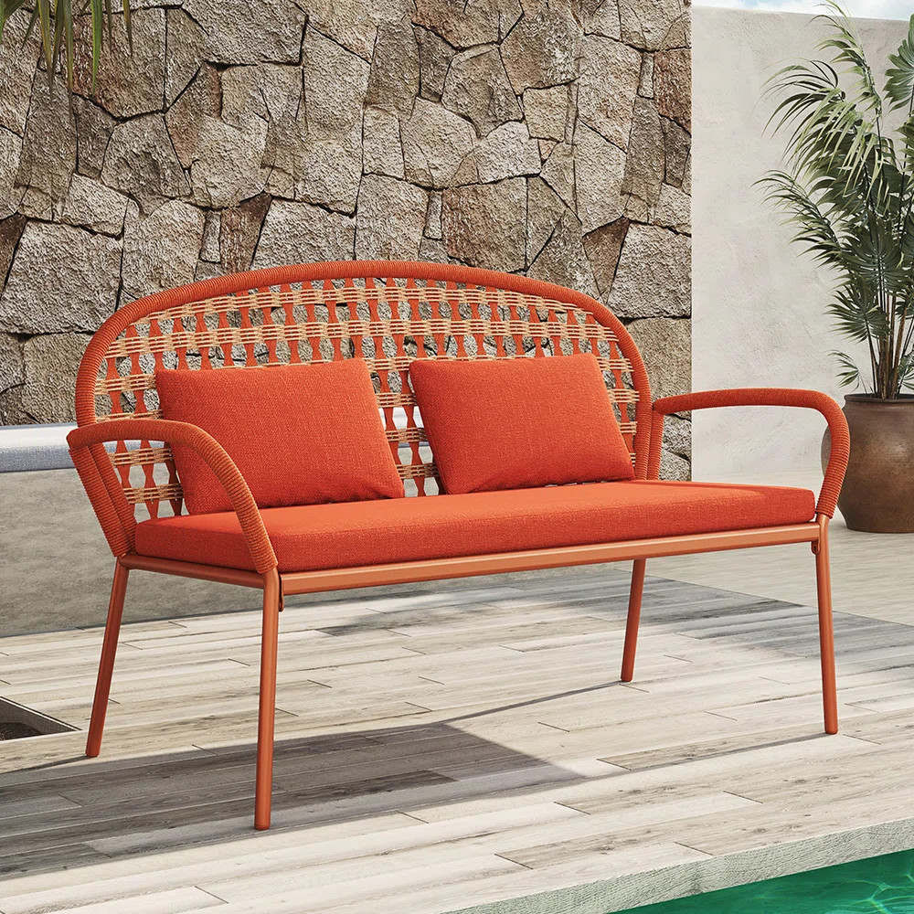 Corrigan Studio Vintage Orange Steel Bench With Fancy Rope, Olefin Cushion And Pillow | Wayfair | Wayfair North America