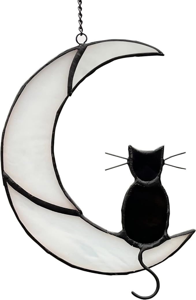 Black Cat Decor On White Moon Stained Glass Window Hanging Suncatcher for Windows Panels Sun Catc... | Amazon (US)