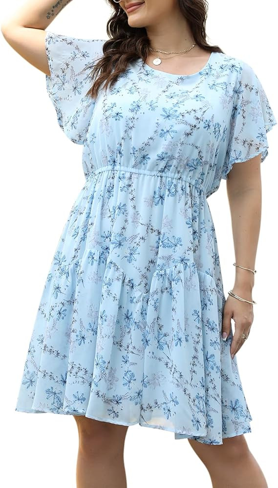 Plus Size Summer Dresses for Curvy Women Casual Boho Midi Chiffon Print Floral Dress with Ruffle ... | Amazon (US)