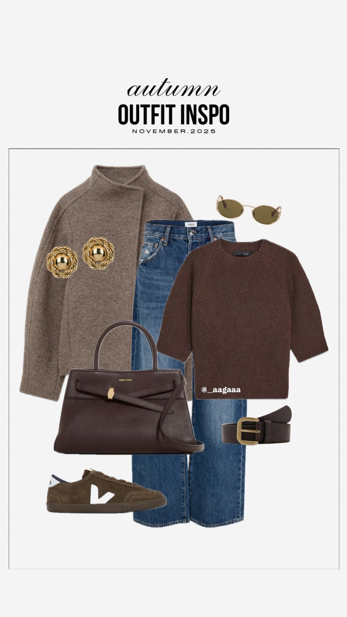 Neutral autumn outfit with a wool jacket and sweater tee, brown short sleeved sweater, wide leg jeans, brown suede veja sneakers, brown handbag, fall outfit, autumn fashion, workwear, capsule wardrobe, neutral outfit 

#LTKWorkwear #LTKPetite #LTKStyleTip