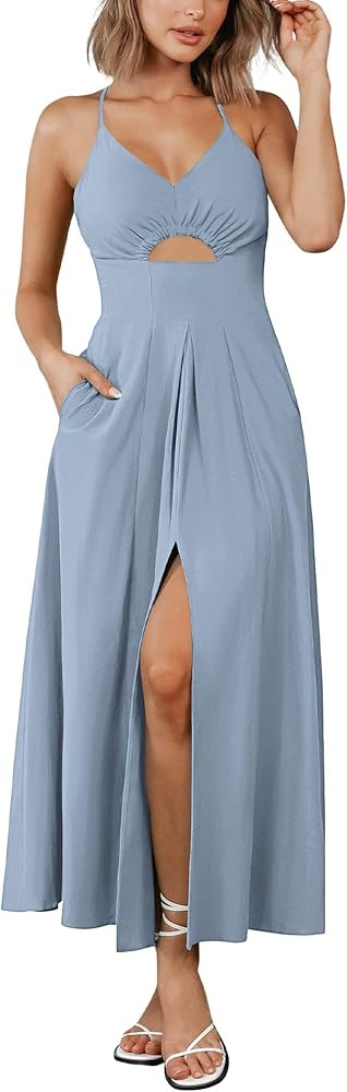 BTFBM Women 2026 Spaghetti Strap Midi Summer Dresses Sleeveless V Neck Cutout Slit Casual Beach P... | Amazon (US)