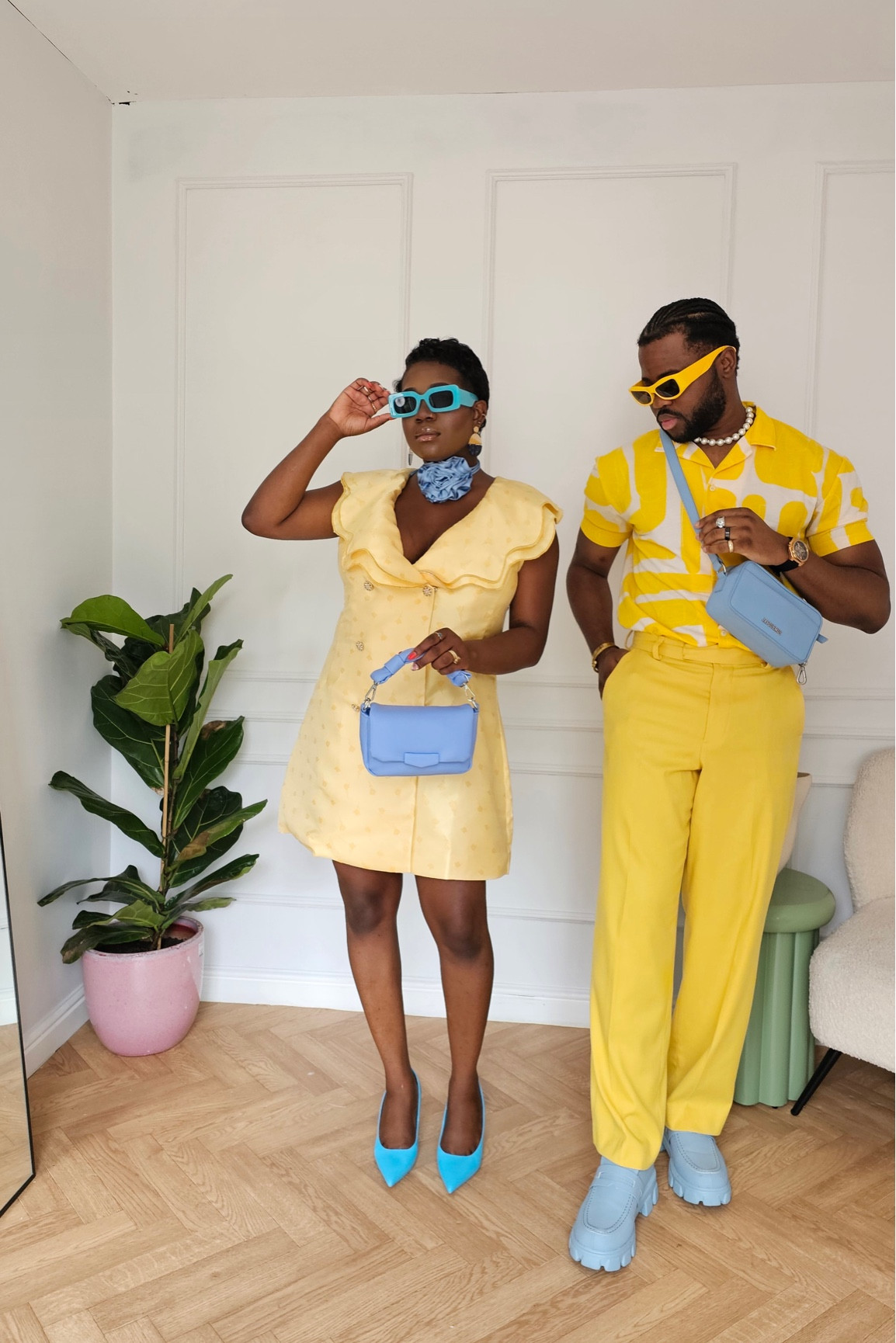 Couples outfit, his and hers, summer outfit, yellow outfit, blue accessories, smart casual outfit, yellow mini dress, button dress, blue heels, blue padded bag, neck corsage, floral corsage, men’s yellow trousers, slim trousers, Zara shirt, blue camera bag, Jacquemus bag, Vestiare Collective, Sister Jane, Anthropologie, ASOS, Zara

#LTKSeasonal #LTKeurope #LTKstyletip