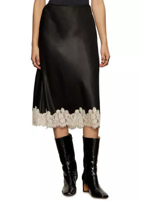 Sanctuary Women's One of A Kind Satin Midi Skirt with Contrasting Lace Trim at Hemline | Belk
