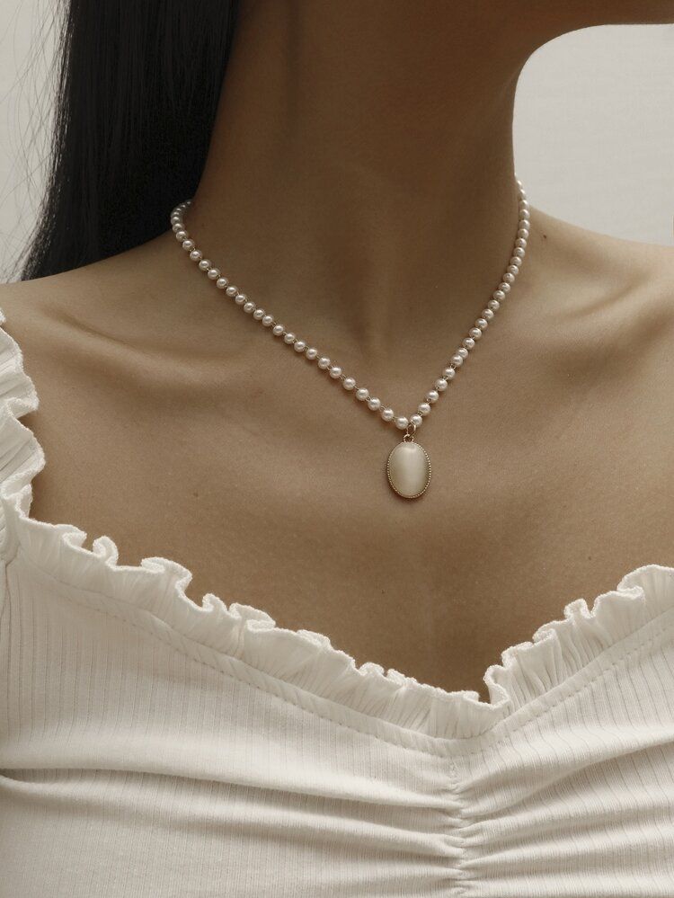 Opal Charm Faux Pearl Decor Necklace | SHEIN