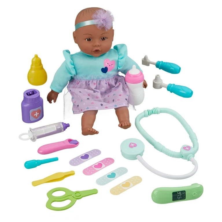 Feed and Cuddle 12.5" Baby Doll & Doctor Play Set, 17 Pieces | Walmart (US)