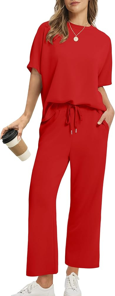 Sampeel Two Piece Sets for Women Summer Outfits Oversized Wide Leg Crop Pants Lounge Sets Airport... | Amazon (US)