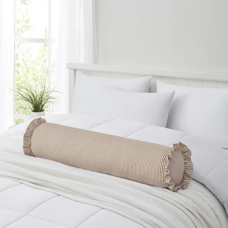 Home Decor Collection 8" x 36" Tan Striped Ruffle Bolster Decorative Pillow | Walmart (US)