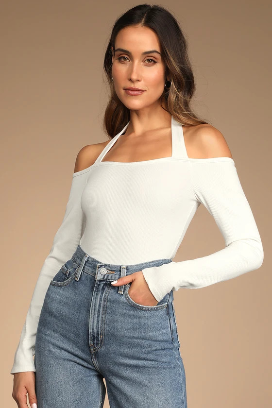 Got the Vibe White Ribbed Off-the-Shoulder Long Sleeve Bodysuit | Lulus (US)