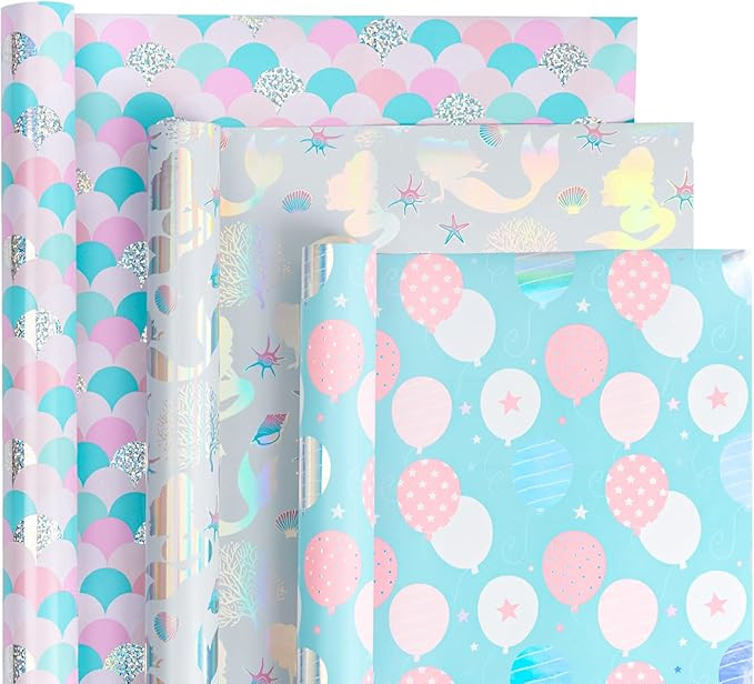 WRAPAHOLIC Wrapping Paper Roll - Mini Roll - 3 Rolls - 17 Inch X 120 Inch Per Roll - Mermaid Scal... | Amazon (US)