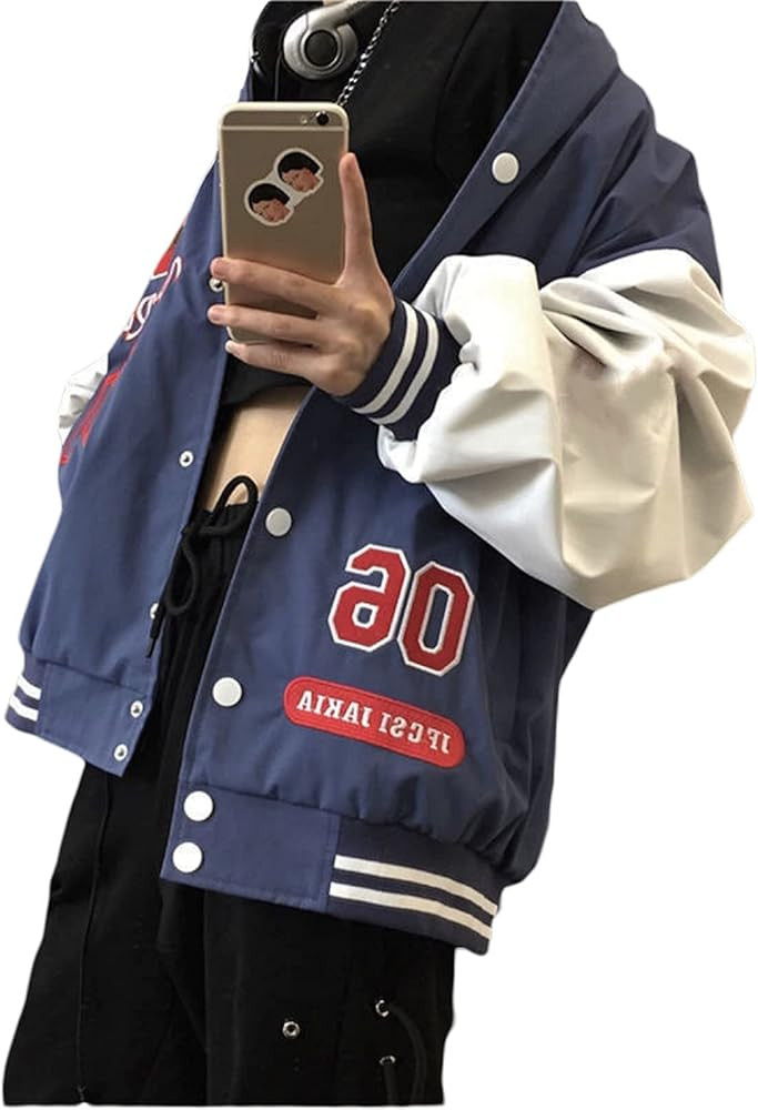 Mxiqqpltky Womens Oversized Y2K Bomber Jacket Boyfriend Baseball Jacket Harajuku Long Sleeve Vars... | Amazon (US)