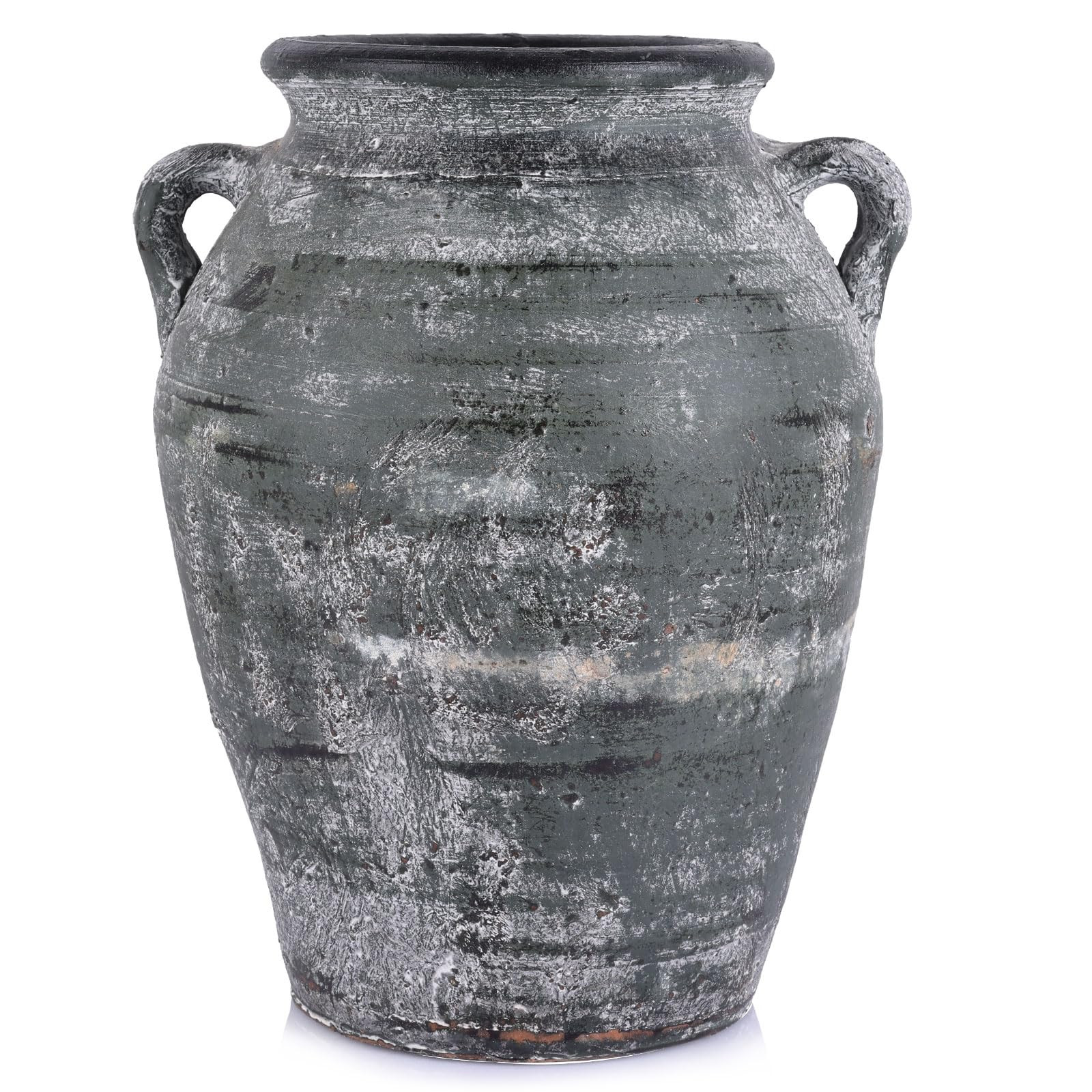 Handcrafted Rustic Terracotta Vase with Handles, 11 Inch Distressed Ceramic Pottery Vase for Farmhouse Decor, Vintage Wide Mouth Vase for Home, Living Room, Table, Shelf, Entryway Decor | Amazon (US)