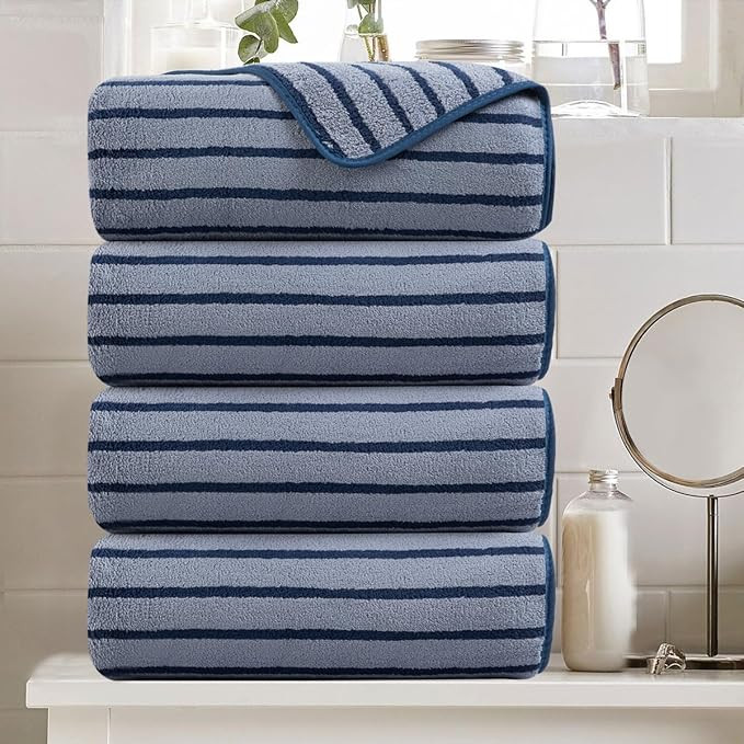 Oliven 4 Piece Navy Cabana Stripe Large Bath Towels Oversized Bath Sheet Super Soft Breathable Ju... | Amazon (US)