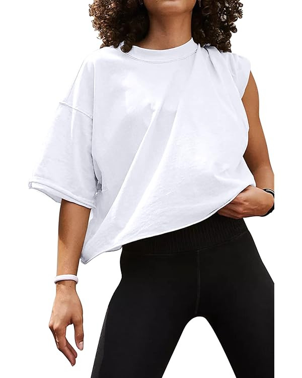 Women's Oversize Workout Crop Tops Casual Short Sleeve Drop Shoulder Boxy T-Shirts Roll Hem Basic... | Amazon (US)