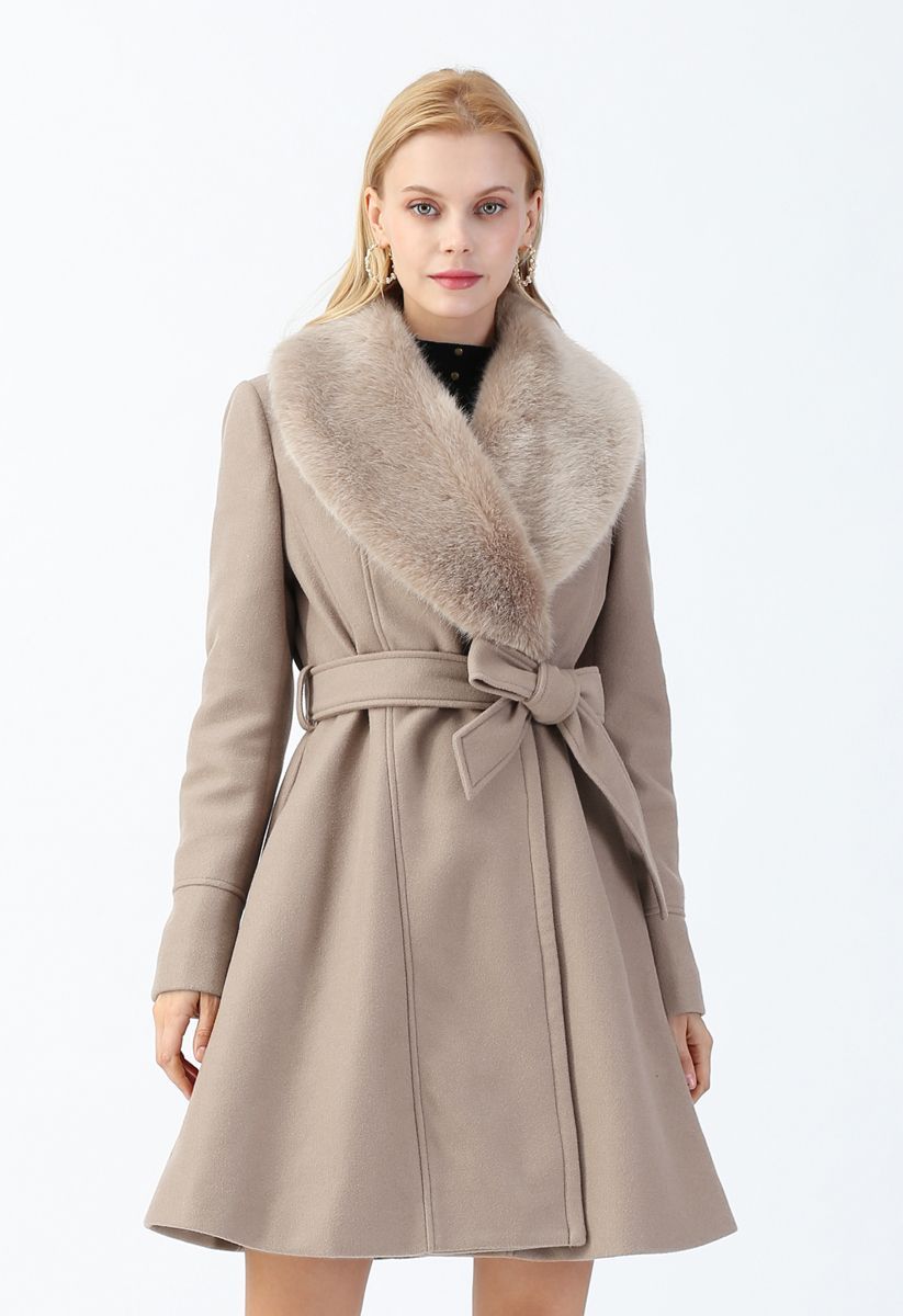 Faux Fur Collar Belted Flare Coat in Taupe | Chicwish