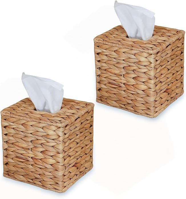Set of 2 Water Hyacinth Handwoven Tissue Box Cover, Natural Handmade Wicker Napkin Box Holder, Ha... | Amazon (US)
