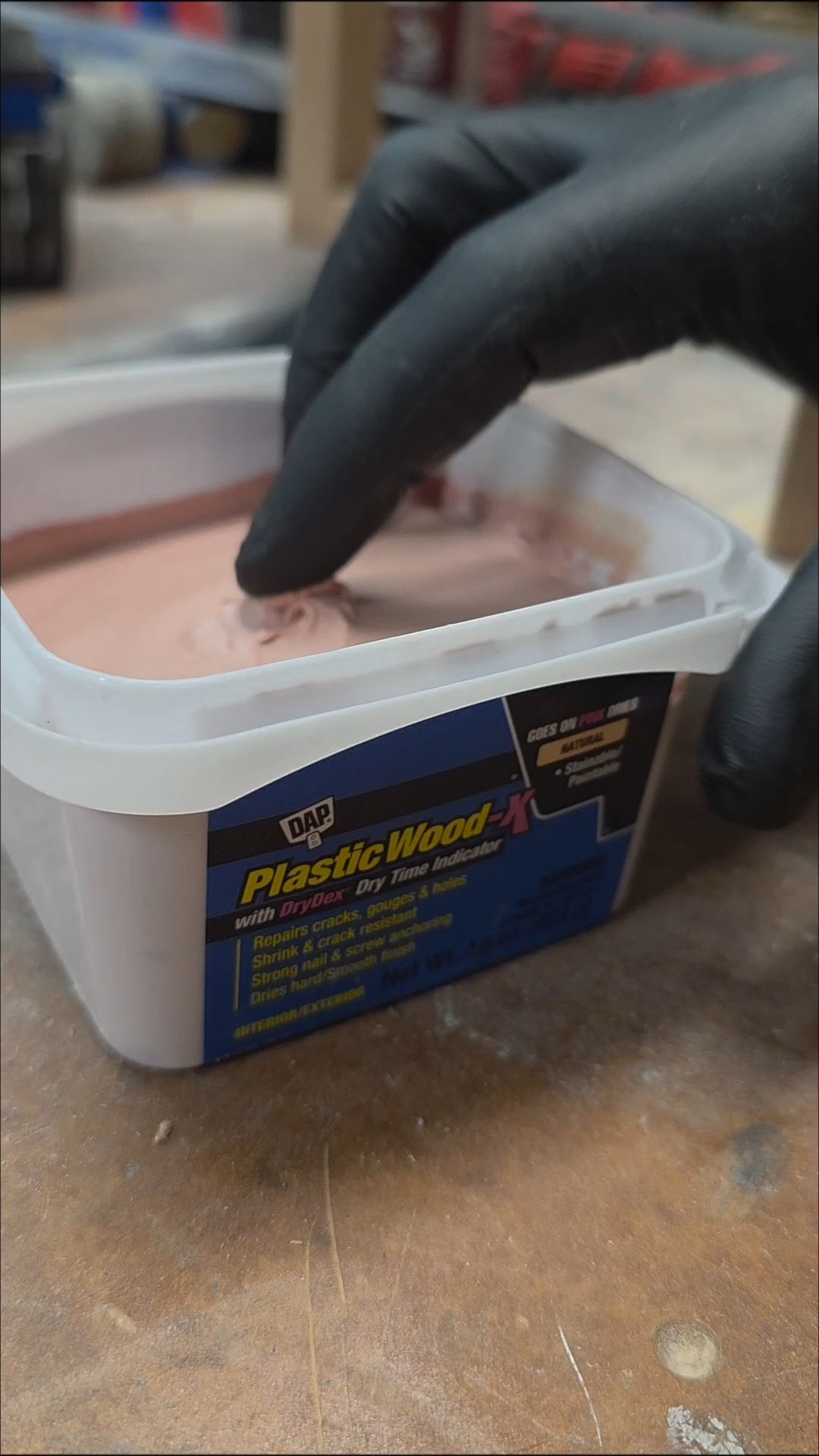 This is our favorite wood filler. It's great for fill any gaps, joints, or imperfections. I also love that it goes on pink and turns natural when it is dried and ready to sand. #woodworking #woodfiller  

 