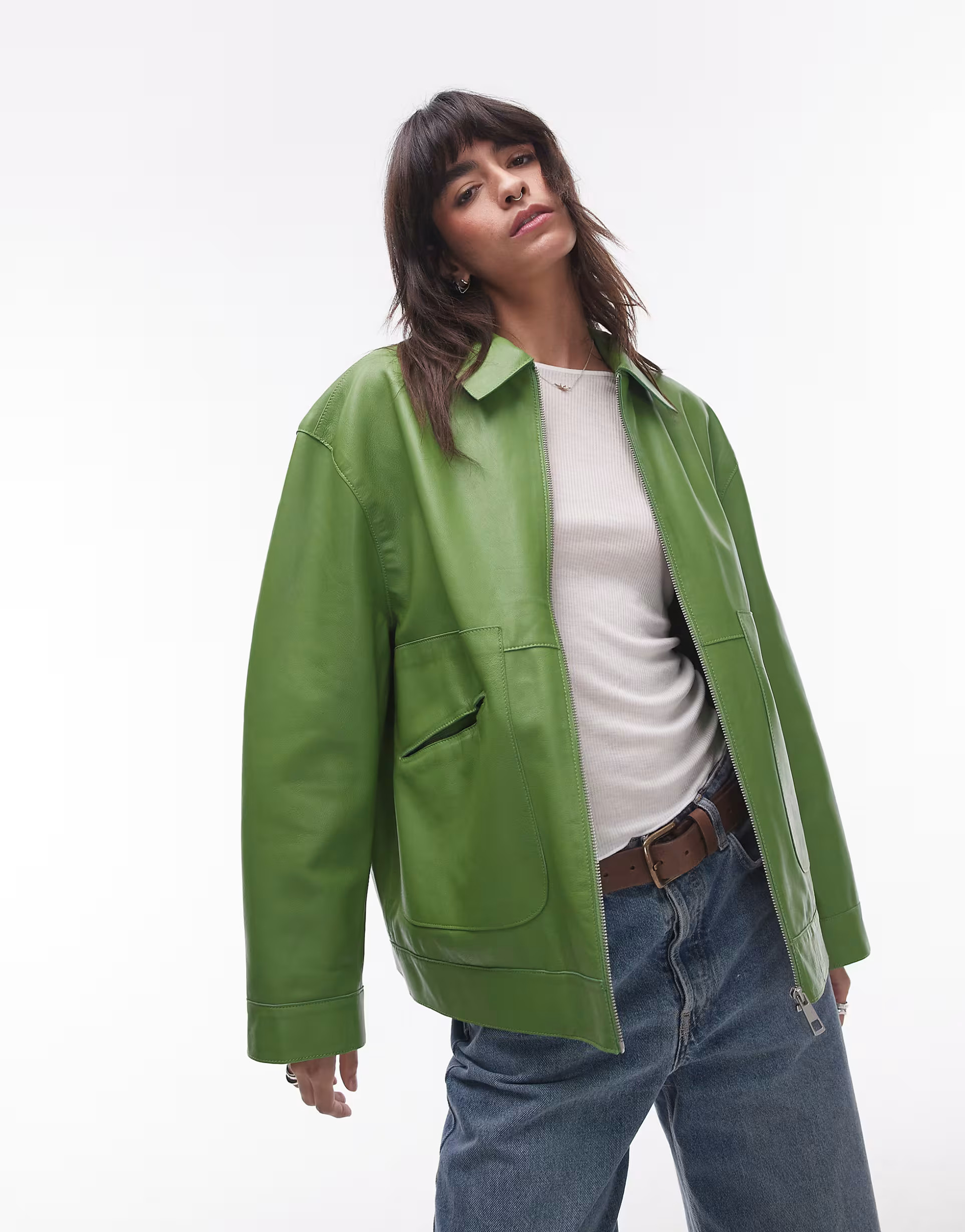 Topshop premium real leather jacket in green | ASOS (Global)