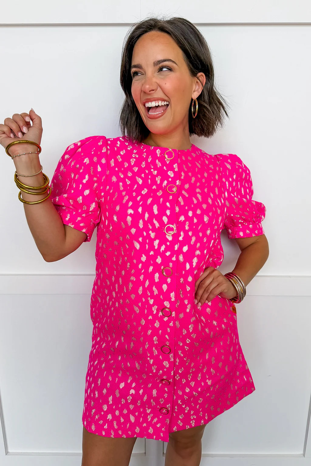 Barbie Hot Pink Jacquard Dress With Gold Metallic Cheetah | Jules & James Boutique