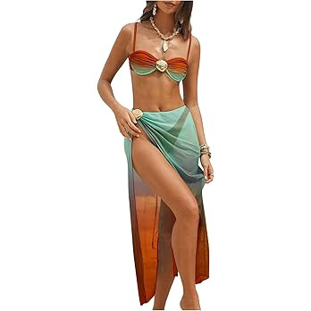 SweatyRocks Women's 3 Piece Bikini Set Ruched Push Up Underwire Swimsuit with Cover Up Skirt | Amazon (US)
