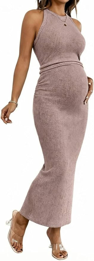 SHENHE Women's Maternity Ribbed 2 Piece Outfits Crop Tank and Bodycon Slit Maxi Skirt Set | Amazon (US)